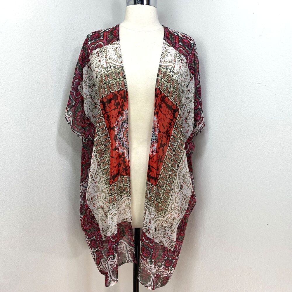 Love by Design Sheer Kimono Duster Medium Short Sleeves Scarf Pattern Boho Fairy